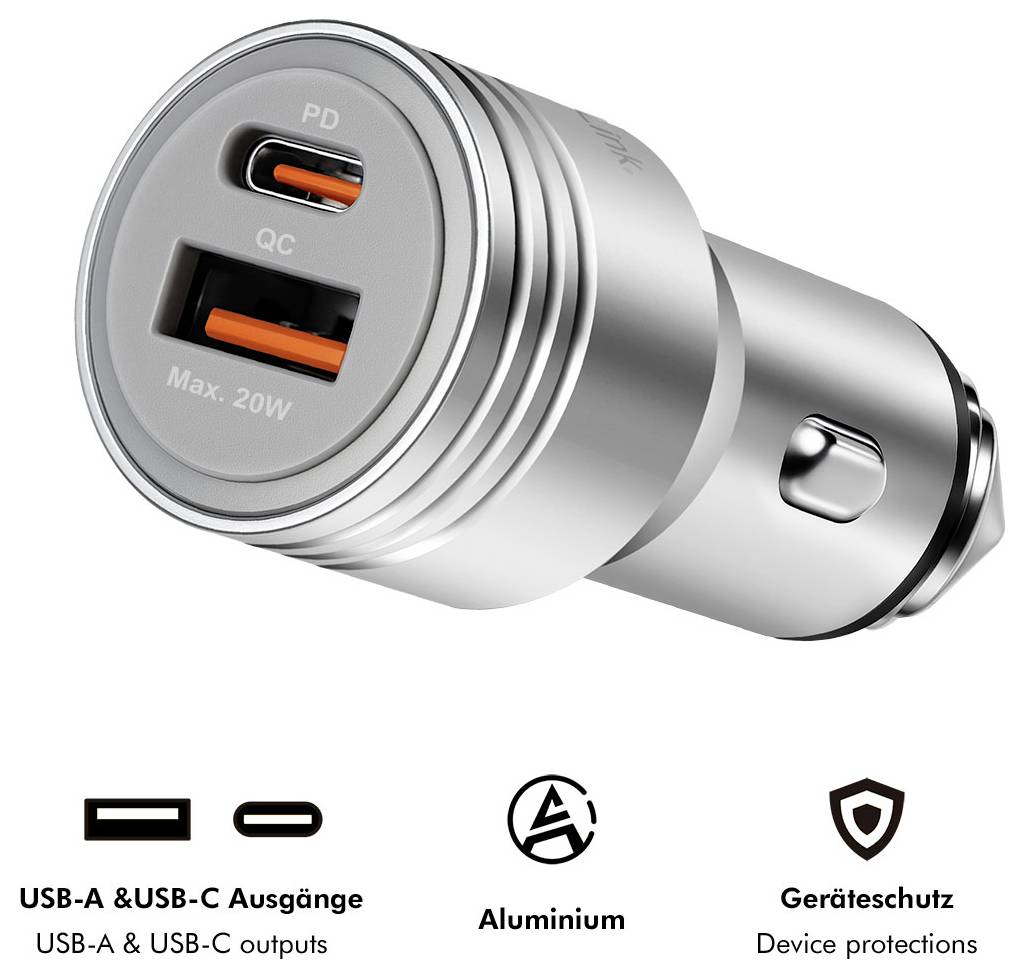 Silver car charger with USB-C PD and USB-A QC ports, labeled max 20W, plus icons showing USB-A/USB-C outputs, aluminum body, and device protection.<br>