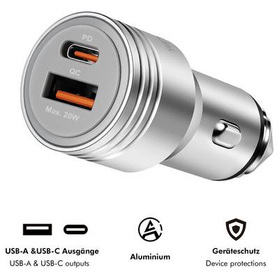 Silver car charger with USB-C PD and USB-A QC ports, labeled max 20W, plus icons showing USB-A/USB-C outputs, aluminum body, and device protection.<br>