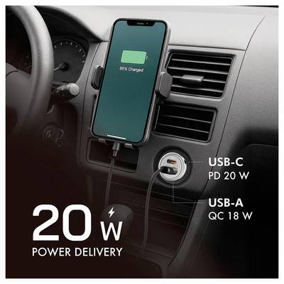 Smartphone charging in a car vent mount, with a USB-C port labeled 'PD 20 W' and USB-A 'QC 18 W'; text highlights '20 W Power Delivery'.