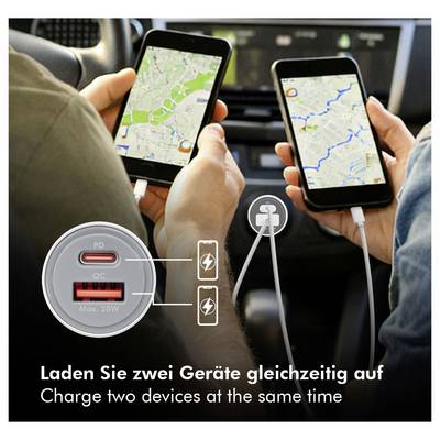 Two phones are being charged in a car from a dual USB charger; text says 'Charge two devices at the same time' and shows PD and QC ports.