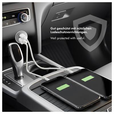 Car center console with two smartphones charging by USB, plus the text 'Gut geschützt mit nützlichen Ladenschutzvorrichtungen.' and 'Well protected with useful.'<br>