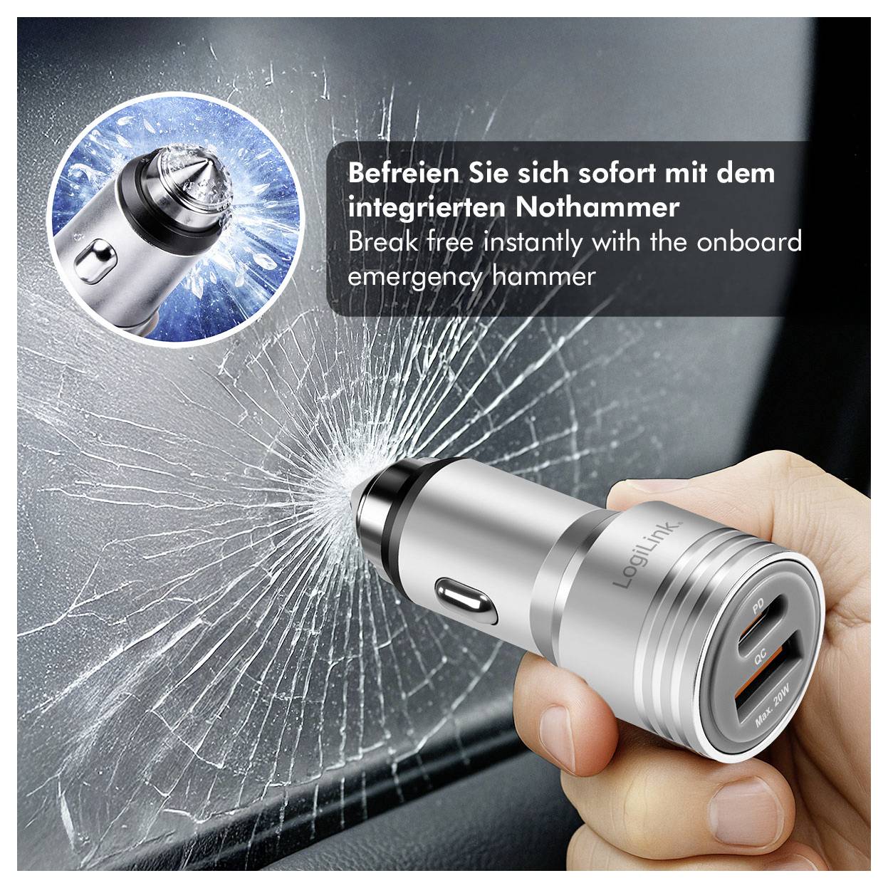 Hand holding a car emergency hammer breaks a side window; inset text says 'Break free instantly with the onboard emergency hammer'.
