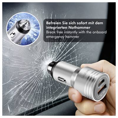 Hand holding a car emergency hammer breaks a side window; inset text says 'Break free instantly with the onboard emergency hammer'.