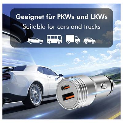 Product image of a dual USB car charger next to a sports car, labeled 'Suitable for cars and trucks' with icons for car, van, truck, and SUV.<br>