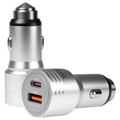Two silver car USB charger adapters, one upright and one lying down, each with dual USB ports labeled PD and QC and 'Max. 20W' on the face.<br>