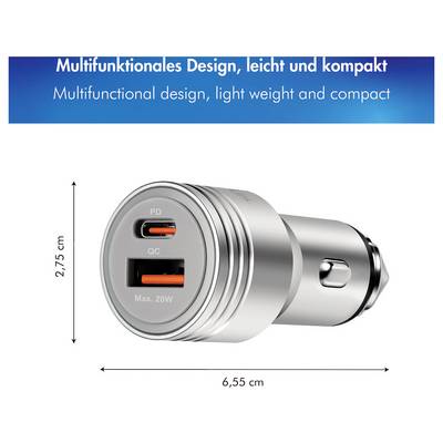 Product image of a compact dual USB car charger, labeled 'Multifunctional design, light weight and compact', showing PD and QC ports and dimensions 6.55 cm by 2.75 cm.