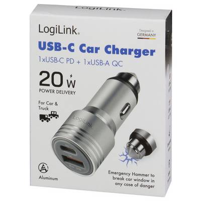 LogiLink USB-C car charger box, showing a 20W dual-port car charger with USB-C PD and USB-A QC, plus an emergency window-break hammer feature.
