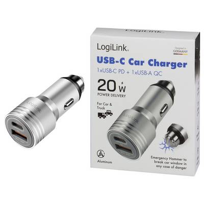 LogiLink USB-C car charger and packaging showing 20W power delivery, one USB-C PD port, one USB-A QC port, for car and truck.<br>