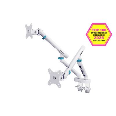 Adjustable dual-monitor desk mount with articulated arms and clamp base; badge reads 'Top 100 Bürolösungen des Jahres 2026' by Office ROXX Mag.