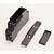 Black electrical circuit breaker components disassembled into three parts on a white background.<br>