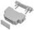 Exploded view of a gray plastic electrical enclosure with a removable front cover and internal mounting bracket pieces.<br>