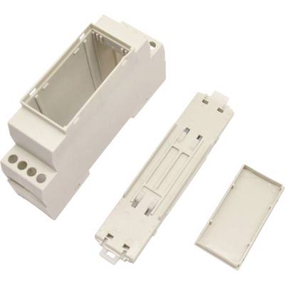 White plastic electrical enclosure shown in three parts: main case, internal insert, and cover.