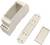 White plastic electrical enclosure shown in three parts: main case, internal insert, and cover.