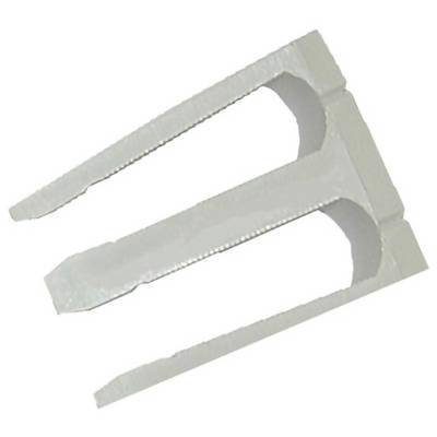 Three white plastic U-shaped clips or fasteners shown on a plain background, stacked diagonally.<br>