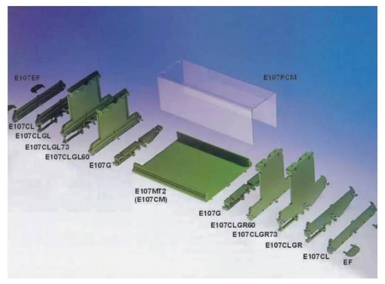 Exploded diagram of labeled parts for an E107 enclosure or assembly, showing green and clear panels, side pieces, and small connectors arranged in order.
