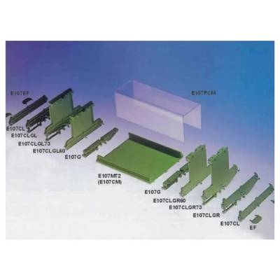 Exploded diagram of green and white sheet-metal parts labeled with model codes, showing how the components fit together in an assembly.<br>