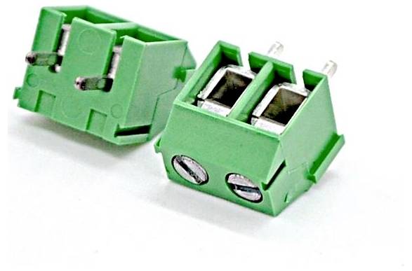 Two green 2-pin screw terminal blocks for connecting wires, shown on a white background.