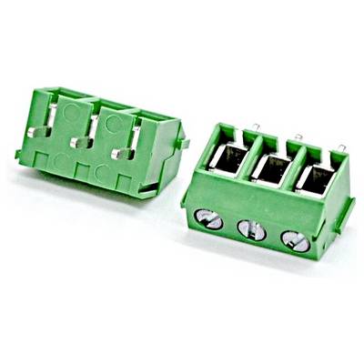 Two green 3-position screw terminal connector blocks, one shown from the back and one with three open wire-entry slots and front screw heads.