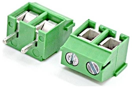 Green two-pin screw terminal connector blocks for wiring, shown in a close-up on a white background.