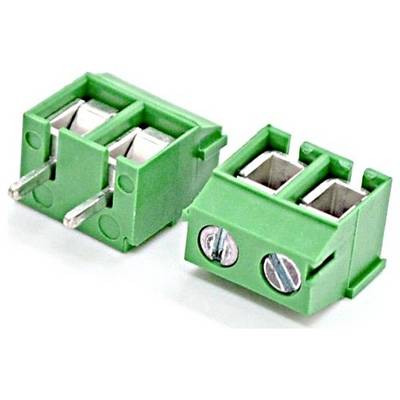 Green two-pin screw terminal connector blocks for wiring, shown in a close-up on a white background.