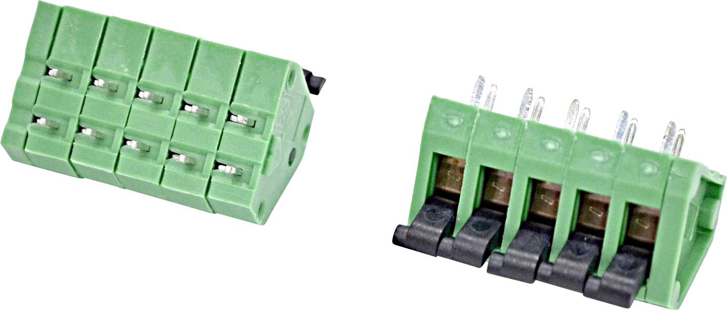Green pluggable terminal block connector with multiple screw terminals and metal pins, shown from two angles on a white background.