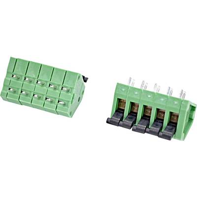 Green pluggable terminal block connector with multiple screw terminals and metal pins, shown from two angles on a white background.