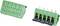 Green pluggable terminal block connector with multiple screw terminals and metal pins, shown from two angles on a white background.
