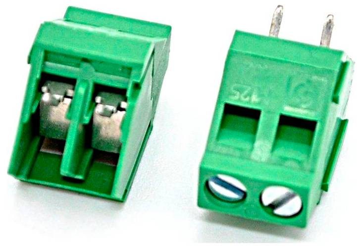 Two green 2-pin screw terminal connector blocks, shown side by side on a white background.
