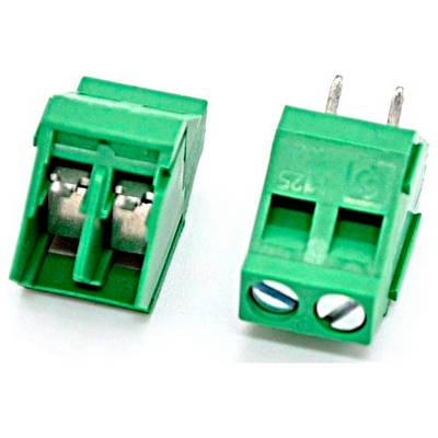 Two green 2-pin screw terminal connector blocks, shown side by side on a white background.