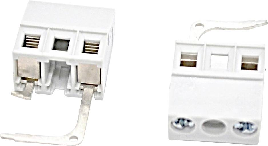 Two close-up views of a white electrical connector with metal terminals and mounting tabs on a plain background.