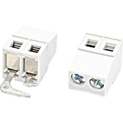 White two-pin electrical screw terminal connector block with metal clamping contacts shown from two angles on a plain background