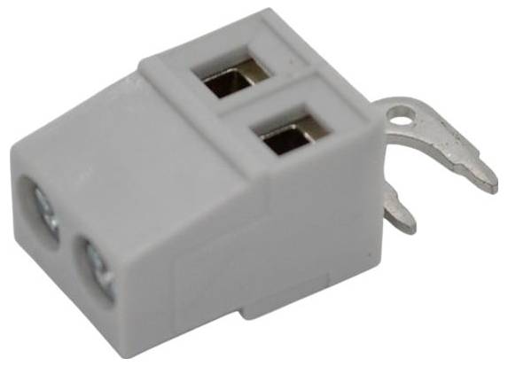 Two-pin gray electrical terminal block connector with two wire openings and metal mounting prongs.