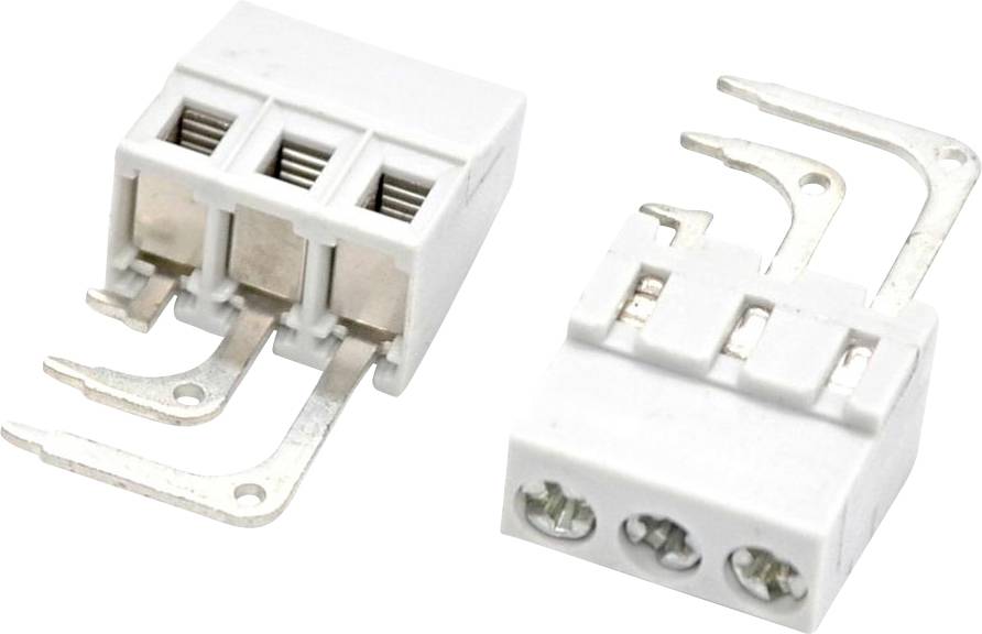 Two white electrical terminal blocks with metal screw connectors, shown from two angles on a white background.