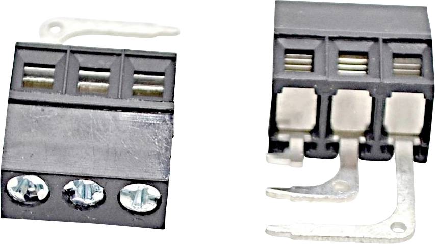 Side-by-side photos of two black electrical connector terminal blocks, one with screw terminals and one with metal prongs.