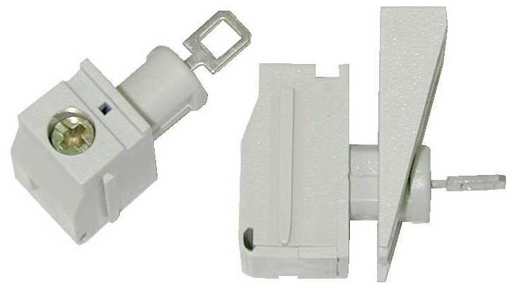 A white industrial electrical switch component shown from two angles, with a rectangular housing, metal actuator, and protruding shaft.