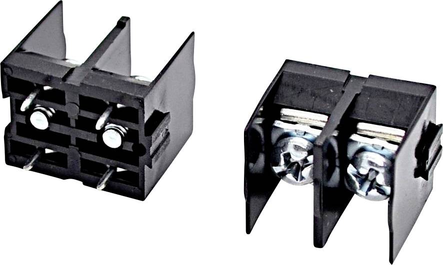 Two black screw terminal blocks with metal clamps, shown from front and side on a white background.
