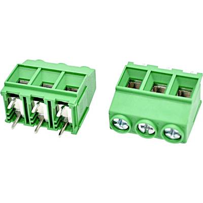 Green three-position screw terminal blocks shown in two views, with metal screw connectors and pin leads.