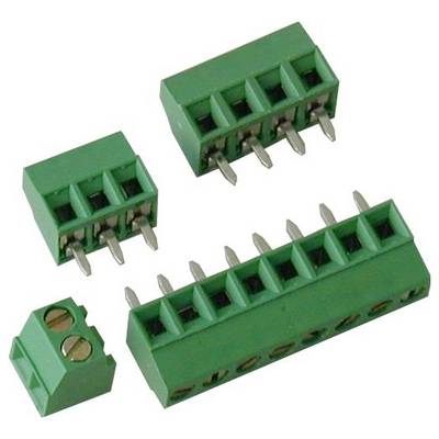 Assorted green screw terminal block connectors with metal pins, including two small, one large, and one detachable two-screw terminal.