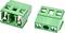 Two green three-position screw terminal connectors shown from front and rear on a white background.