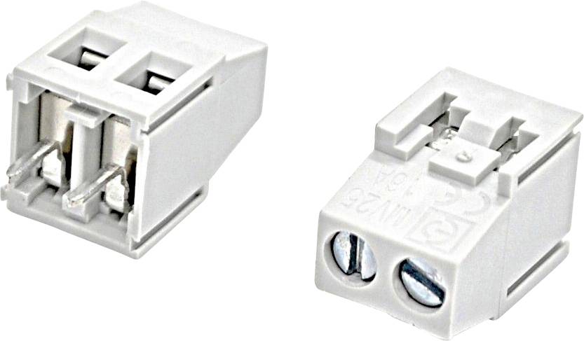 Two views of a white two-pin electrical connector block with screw terminals and exposed metal contacts.