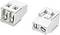 Two views of a white two-pin electrical connector block with screw terminals and exposed metal contacts.