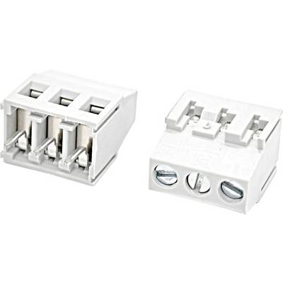 Two views of a white three-terminal electrical connector block, showing the front wire clamp side and the screw terminal side.