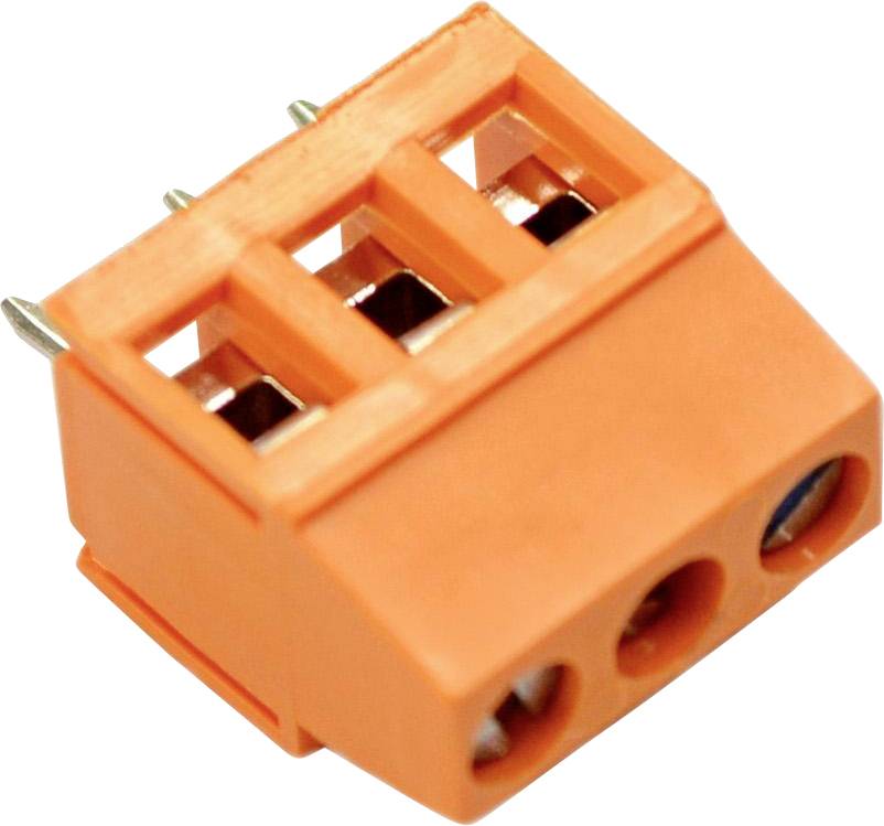 Orange three-position screw terminal block connector with three metal pins<br>