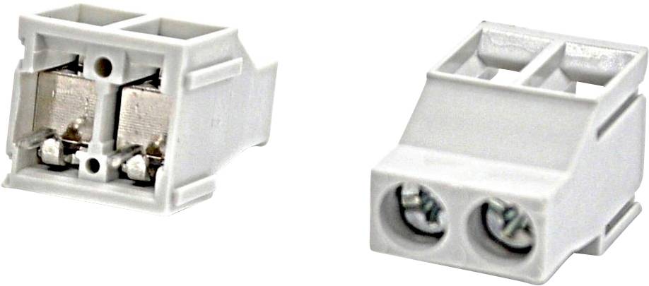 Two white electrical wire connector blocks shown from different angles, each with two screw terminals for joining wires.