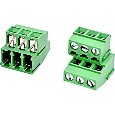 Two green three-pin screw terminal blocks with wire entry openings, shown from different angles on a white background.