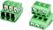 Two green three-pin screw terminal blocks with wire entry openings, shown from different angles on a white background.