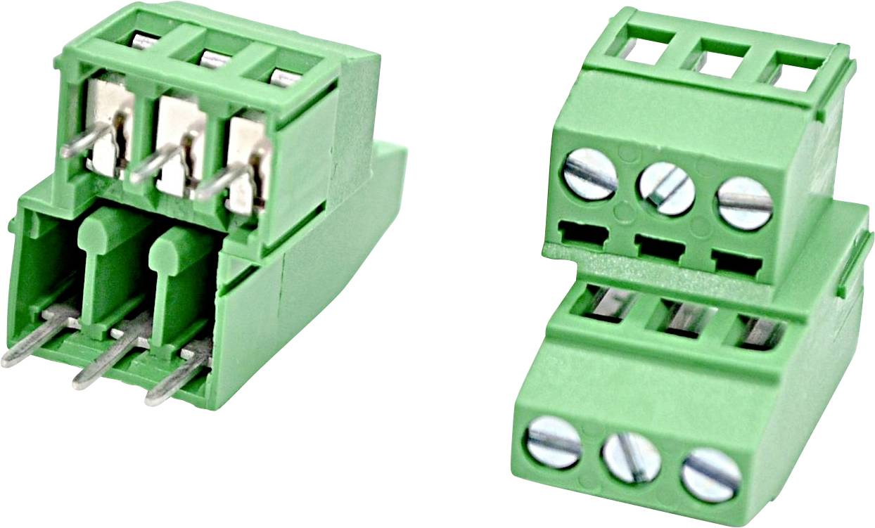 Green 3-pin screw terminal block connectors shown in two angles, with metal screw clamps and plug-in terminals.
