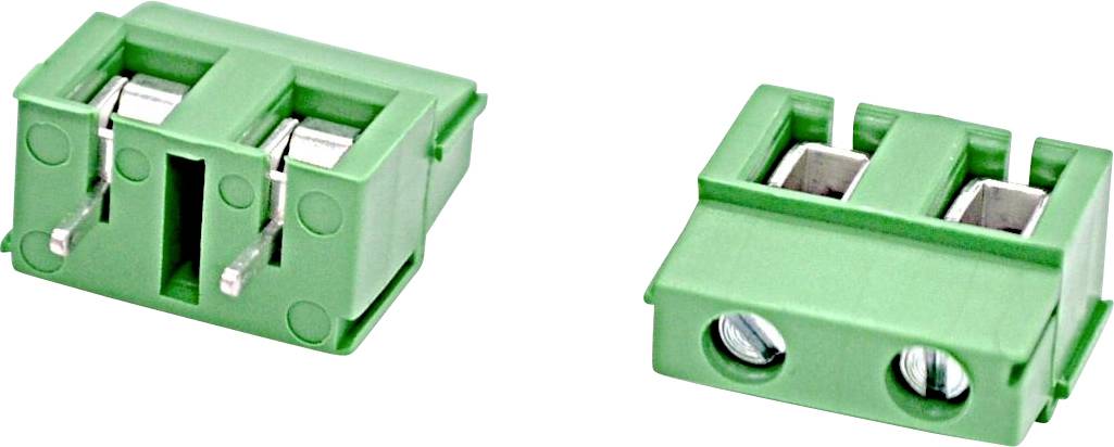 Two green two-position electrical terminal blocks shown in angled views, with metal contact openings and screw terminals.