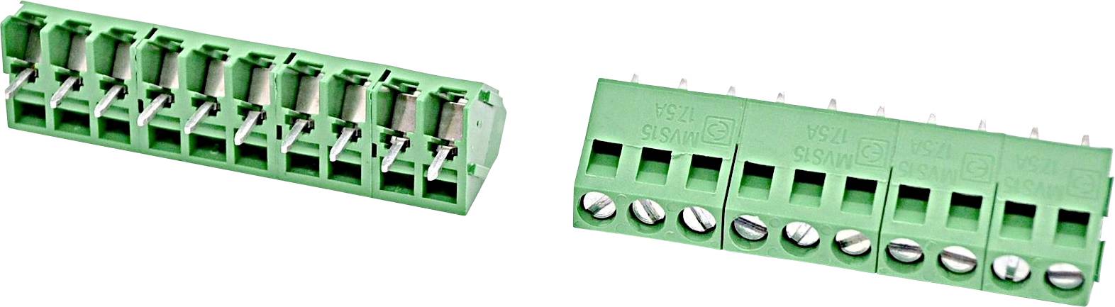 Two green screw-terminal connector blocks with multiple wire slots, shown at slight angles on a white background.