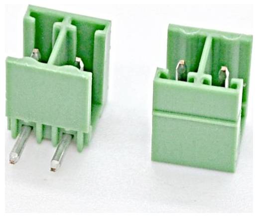 Two green two-pin electrical connectors shown on a white background, one angled to reveal the metal pins.
